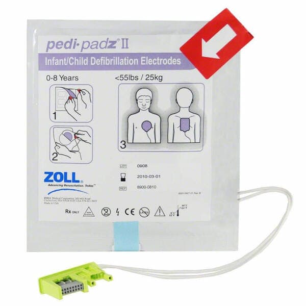 Pedi•padz II Pediatric Multi-Function Electrodes - Designed for use with the ZOLL AED Plus® defibrillator. The AED recognizes when Pedi•padz II are connected and automatically proceeds with a pediatric ECG and adjusts energy to pediatric levels. Twenty four (24) month shelf-life. One Pair.
